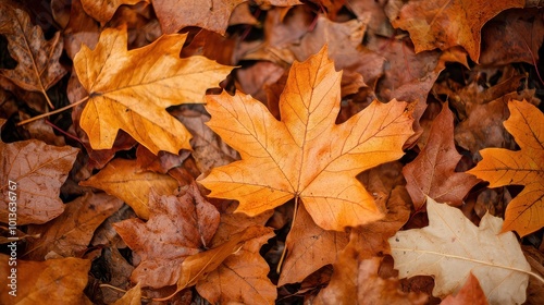 A close-up of vibrant orange and brown autumn leaves scattered on the ground, highlighting the beauty of fall foliage.