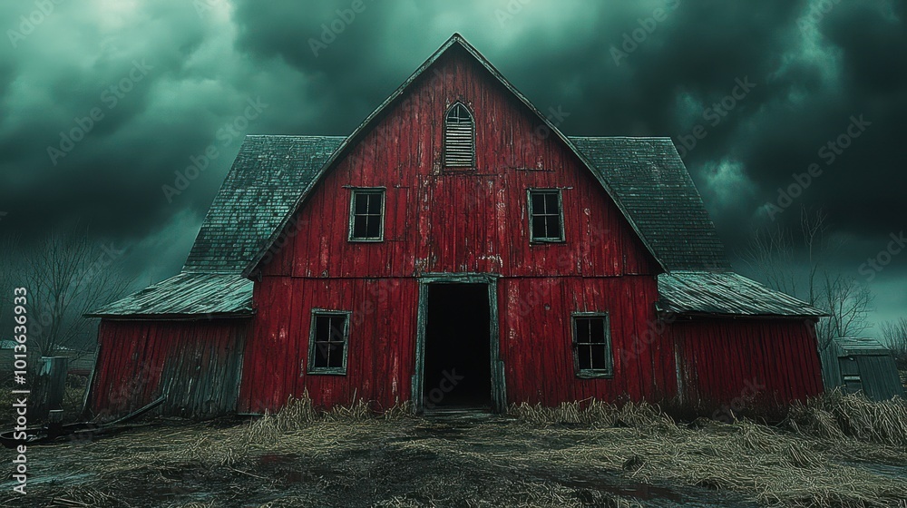 A haunting red barn beneath an ominous sky during a stormy twilight in rural America A haunting red barn beneath an ominous sky during a stormy twilight in rural America