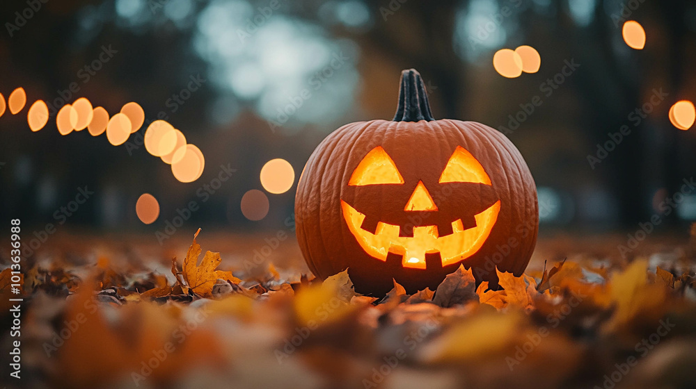 Naklejka premium A glowing jack-o’-lantern with a carved face, illuminated in the midst of fallen autumn leaves.