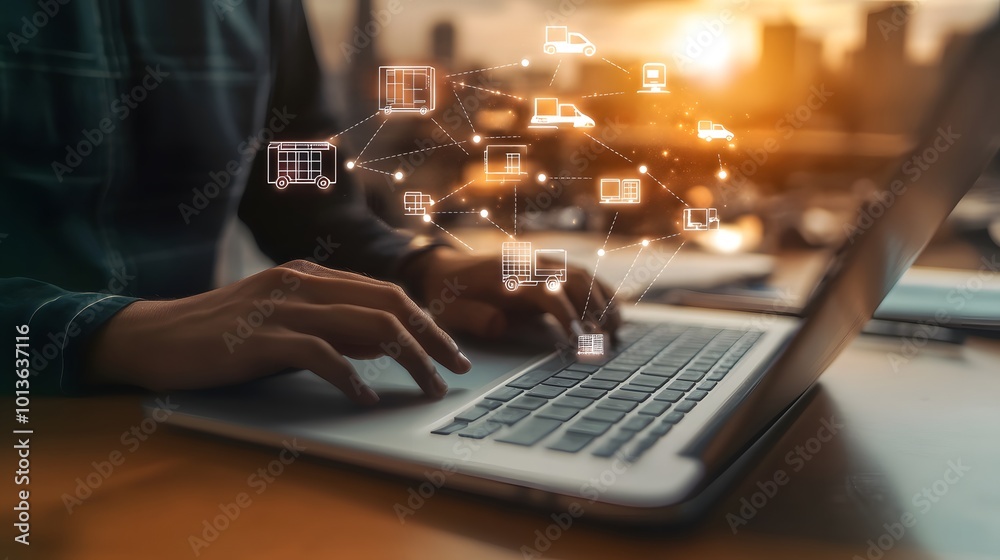 Businessman working on a laptop with logistics icons on the screen, symbolizing technology in logistics Businessman working on a laptop with logistics icons on the screen, symbolizing technology in logistics