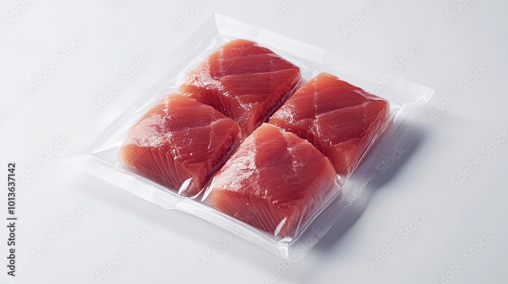 Fresh tuna in vacuum-sealed packaging, arranged on a simple white surface, emphasizing its freshness and readiness for cooking. Fresh tuna in vacuum-sealed packaging, arranged on a simple white surface, emphasizing its freshness and readiness for cooking.