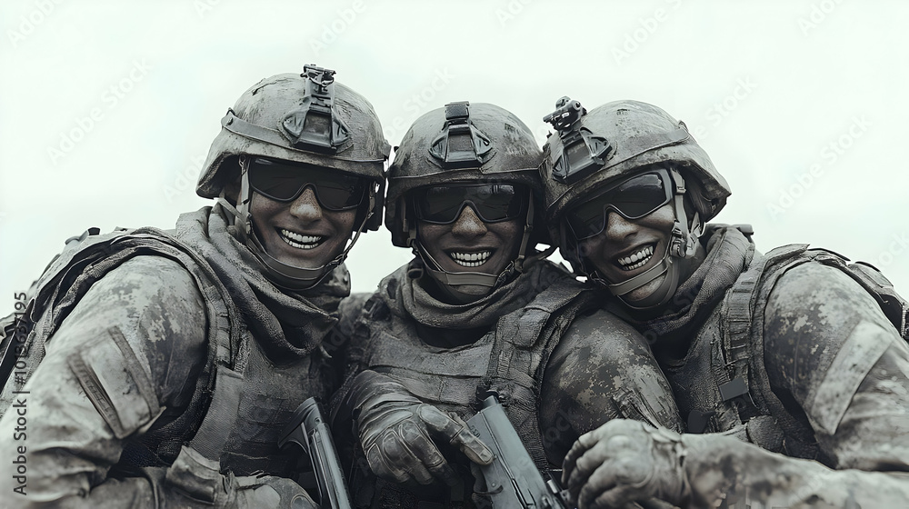 Heartwarming 3D Soldier Laughing with Comrades Candid Moment - Resilience, Camaraderie, and Emotion in Military Setting with Natural Lighting Heartwarming 3D Soldier Laughing with Comrades Candid Moment - Resilience, Camaraderie, and Emotion in Military Setting with Natural Lighting