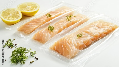 Freshly packed sole fillets in eco-friendly plastic wrap, arranged on a clean white background, ideal for seafood product promotions.