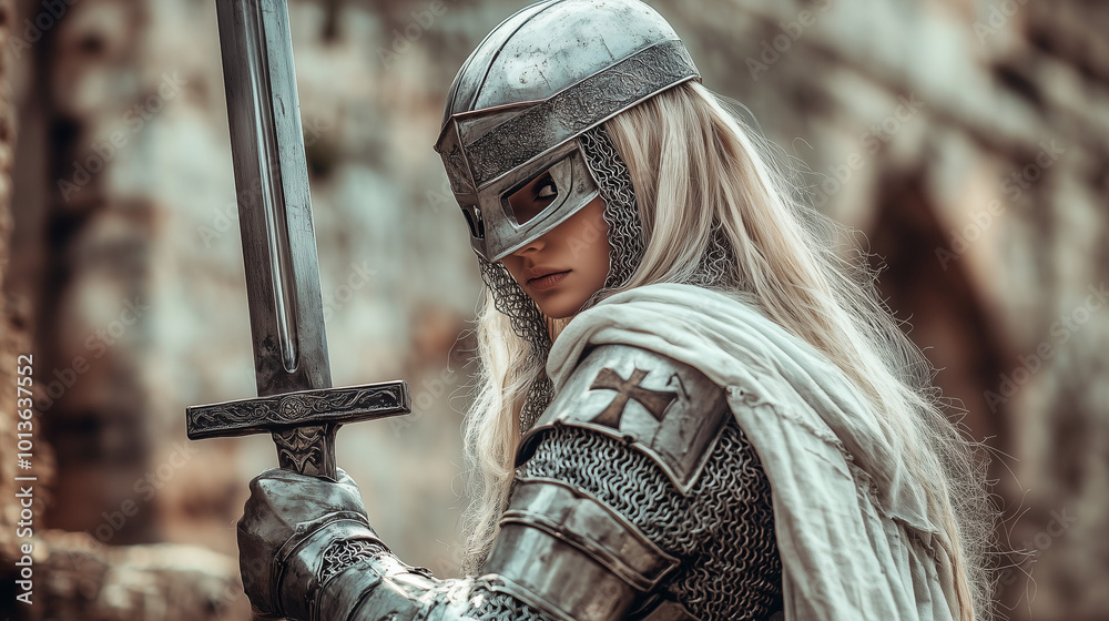 Fototapeta premium A medieval female knight in heavy armor holding a sword, gazing intently ahead. Her attire features a cross, and long blonde hair peeks from under her helmet