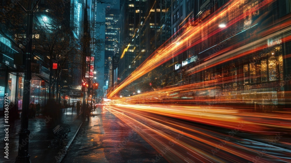 City Street at Night with Light Trails from Passing Cars City Street at Night with Light Trails from Passing Cars