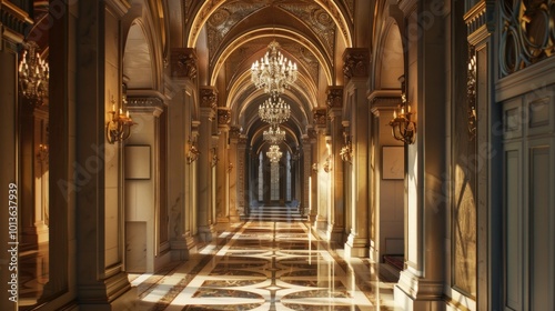 Architecture of the building Grand hall with symmetrical arches decorated with intricate moldings