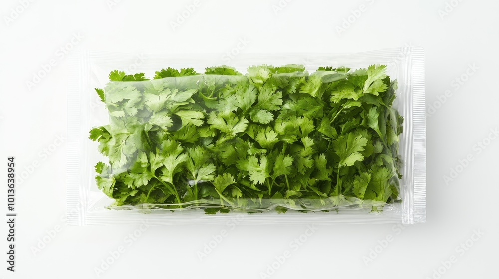 Packaged cilantro leaves in a clear, vacuum-sealed pack, resting on a bright white background. The freshness of the herbs is emphasized through the clean and simple presentation. Packaged cilantro leaves in a clear, vacuum-sealed pack, resting on a bright white background. The freshness of the herbs is emphasized through the clean and simple presentation.