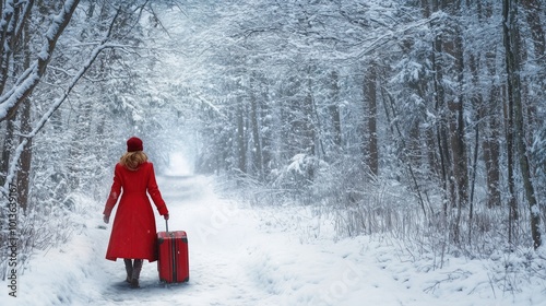 Woman in Red Coat with Suitcase