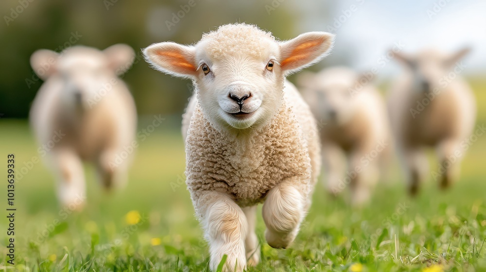 Obraz premium A playful lamb runs towards the viewer, surrounded by other sheep, in a sunny, grassy field.