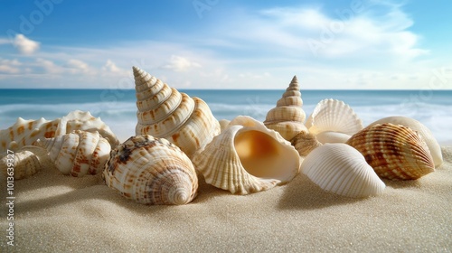 Assorted seashells on a sandy beach, the sky wide and open, leaving room for copy space