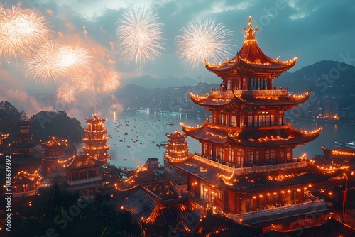 Fireworks Explode Over A Traditional Chinese Temple During Lunar New Year Celebrations