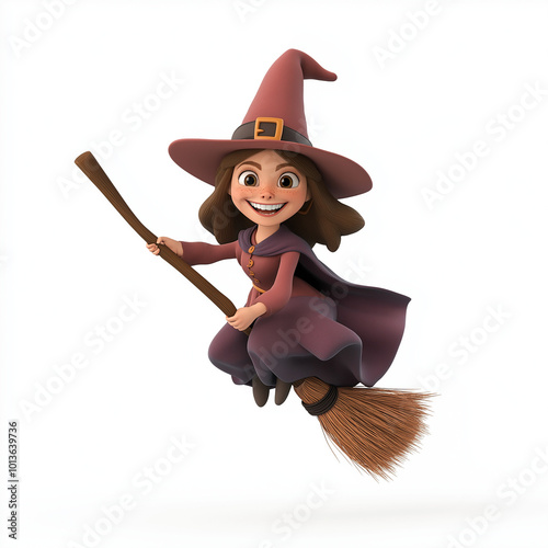A friendly cartoon witch in a pointy hat, flying on her broomstick with a cheerful smile, set on white.