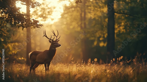 A solitary deer stands gracefully in a sunlit forest, surrounded by golden foliage, creating a serene and tranquil atmosphere.