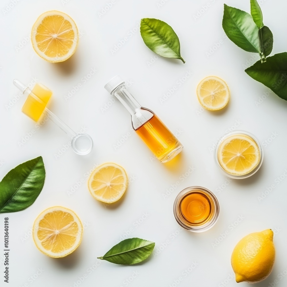 Lemon essential oil on white background. Flat lay, top viewLemon essential oil in a glass bottle on a white background. Lemon essential oil on white background. Flat lay, top viewLemon essential oil in a glass bottle on a white background.