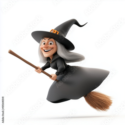 A friendly cartoon witch in a pointy hat, flying on her broomstick with a cheerful smile, set on white.