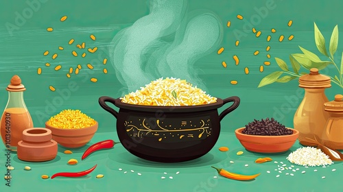 Fototapeta Naklejka Na Ścianę i Meble -  Cartoon depiction of Indian rice dish preparation, saffron and spices around, a pot steaming, copy space