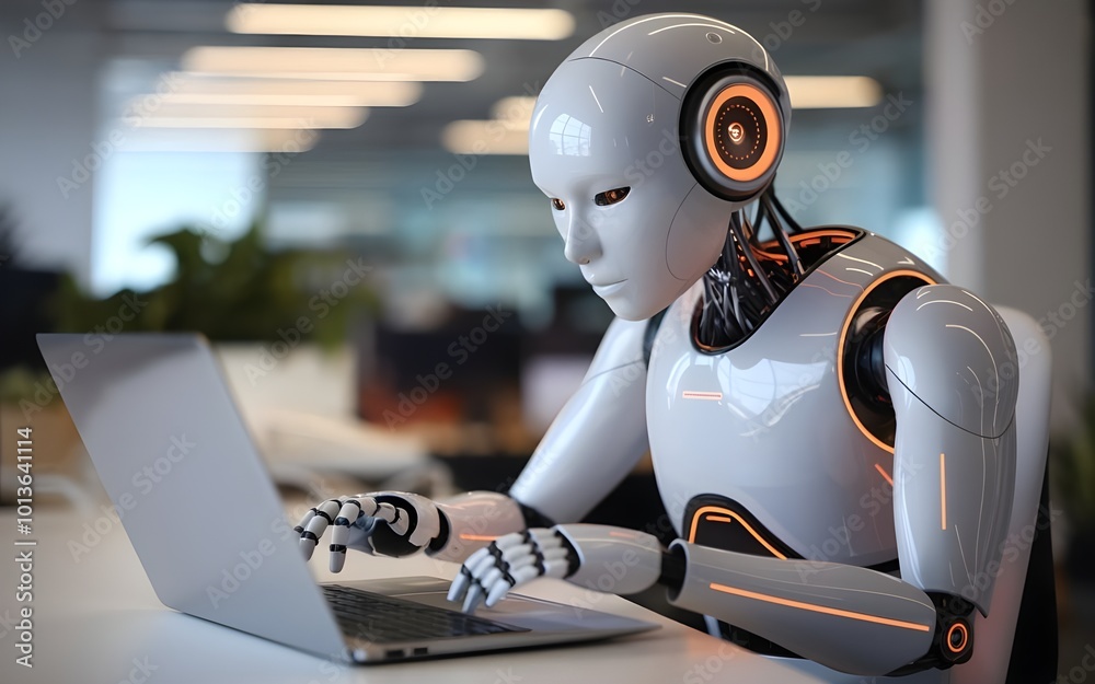 Sleek Metallic Robot Mascot Working on a Computer in a High-Tech Setting Sleek Metallic Robot Mascot Working on a Computer in a High-Tech Setting