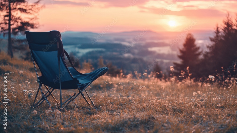 Sunset in the mountains with a chair on the background of the forest. Sunset in the mountains with a chair on the background of the forest.