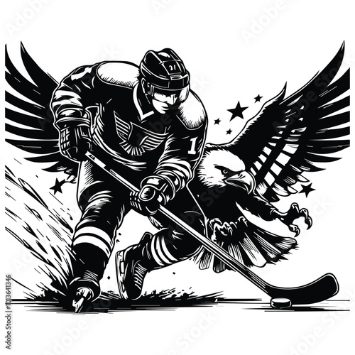 A vector illustration of a hockey player with wings, showcasing a dynamic pose and vibrant colors