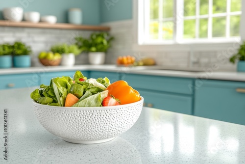 Fresh vegetables stand on the kitchen counter in natural light.