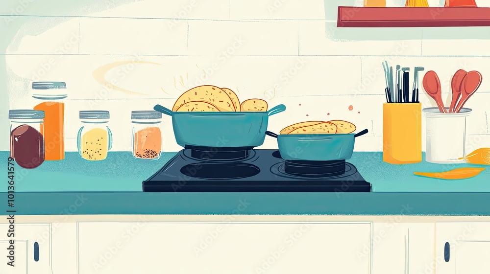 Cartoon drawing of Indian roti being made on a stove, colorful spices on the counter, blank copy space Cartoon drawing of Indian roti being made on a stove, colorful spices on the counter, blank copy space