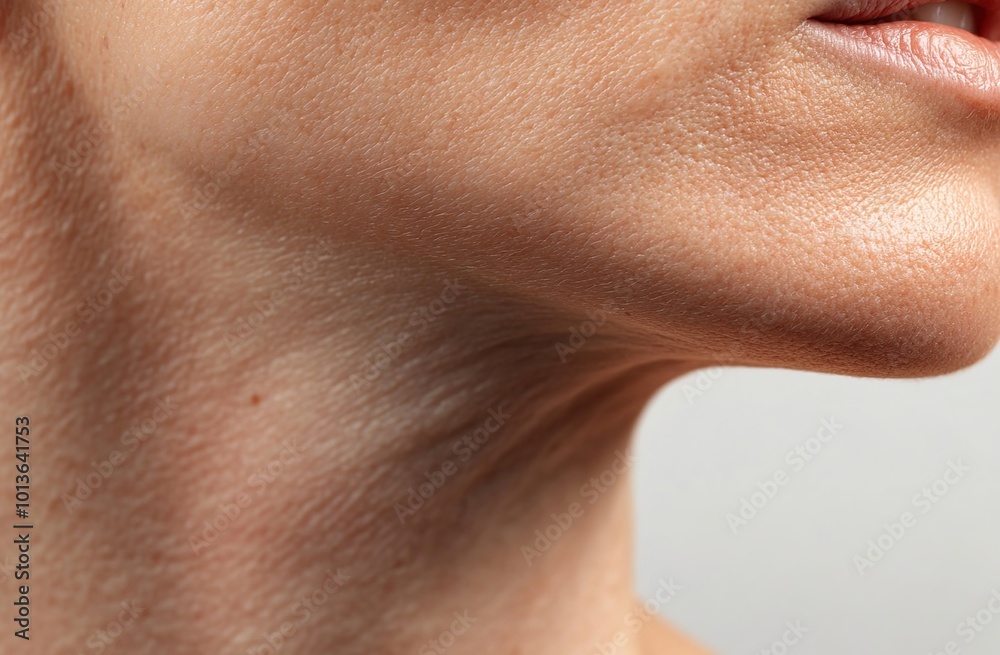 Close-up of the neck area, showing dry skin with fine lines and wrinkles around the collarbone area Close-up of the neck area, showing dry skin with fine lines and wrinkles around the collarbone area