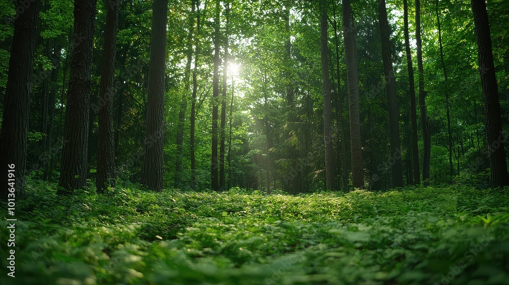 Obraz premium A serene forest scene with tall trees, lush greenery, and soft sunlight filtering through the leaves, creating a tranquil atmosphere.