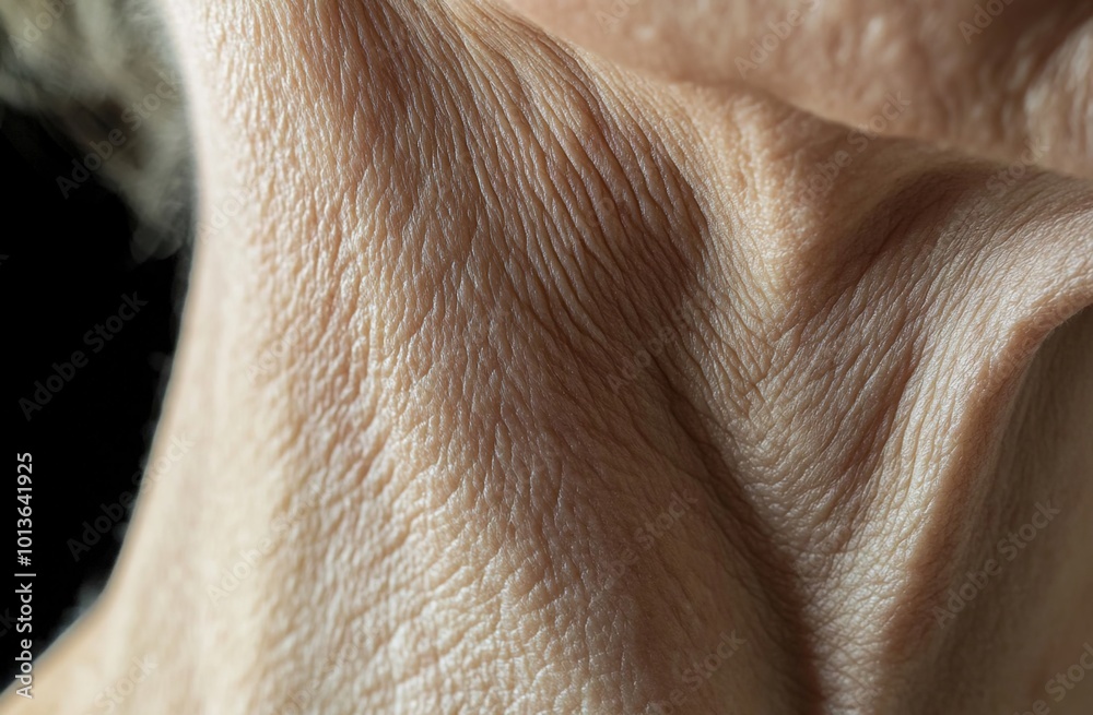 Close-up of the neck area, showing dry skin with fine lines and wrinkles around the collarbone area Close-up of the neck area, showing dry skin with fine lines and wrinkles around the collarbone area