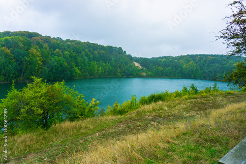Jezioro Turkusowe, Wolin, Poland, zachodniopomorskie, Jezioro Turkusowe near Wapnica. Lake in Wolin National Park in Poland. Idyllic landscape with green nature by the lake. Turquoise lake.Beautifully