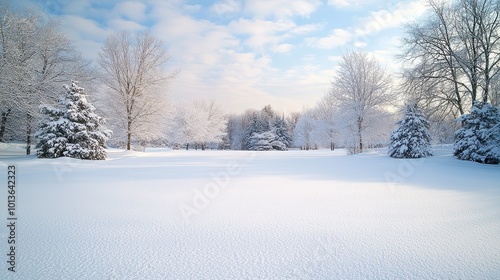 A serene winter landscape blanketed in snow, featuring snow-covered trees under a bright sky.