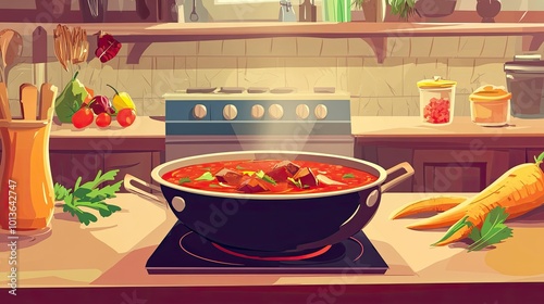 Cartoon image of Indian kitchen with mutton curry simmering, colorful ingredients scattered, ample copy space