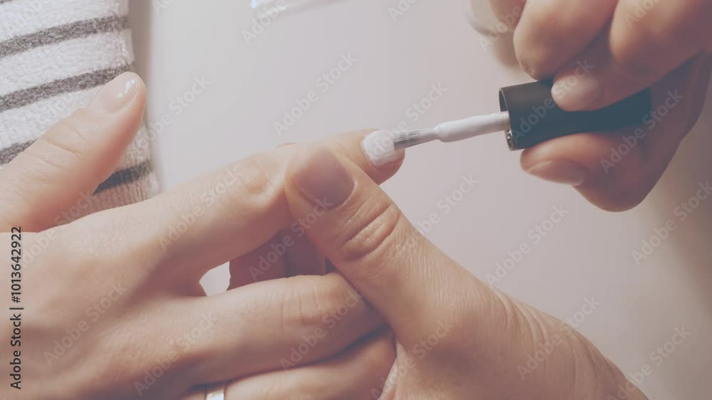 Manicurist painting her client's nails. Professional manicurist applying white nail polish to young girl's nails.