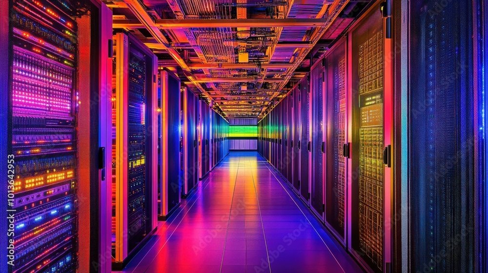 Fototapeta premium A captivating shot of a corridor in a working data center reveals rows of rack servers and supercomputers, complemented by a high-resolution internet visualization projection illuminating the space