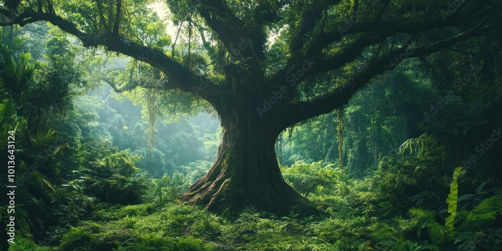 Lush green rainforest with a large, old tree in the center. Lush green rainforest with a large, old tree in the center.