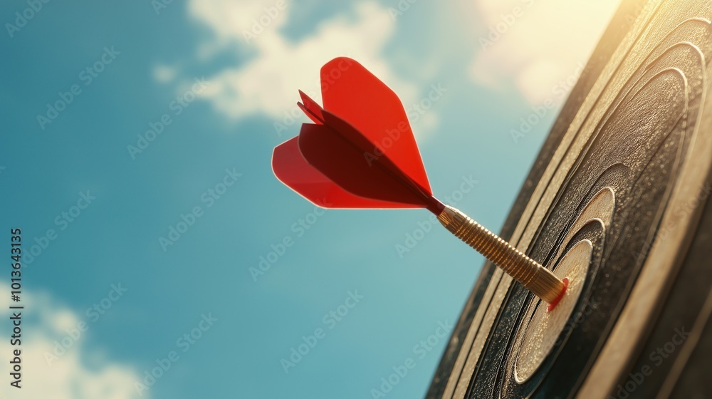 Bright Red Dart Hitting Bullseye Perfectly Bright Red Dart Hitting Bullseye Perfectly