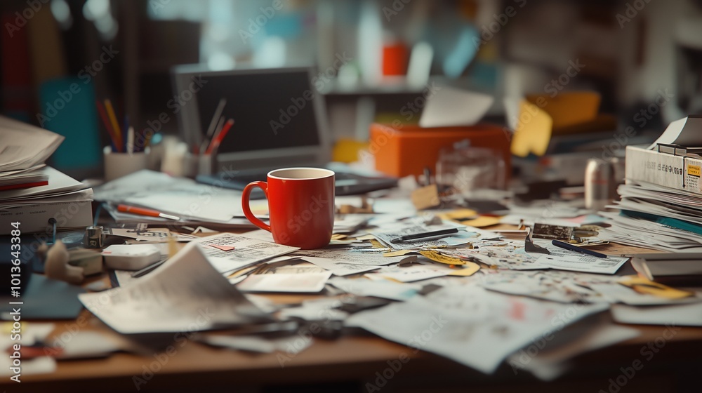 Cluttered Office Desk with Papers