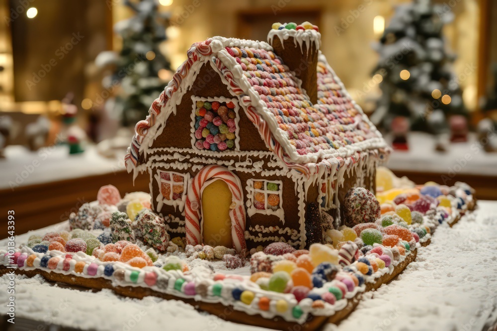A gingerbread house adorned with candy and icing. A gingerbread house adorned with candy and icing.