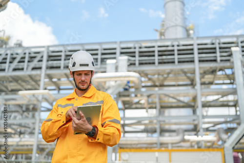 portrait oil refinery worker wears safety and harthat using tablet computer inspection at oil refinery