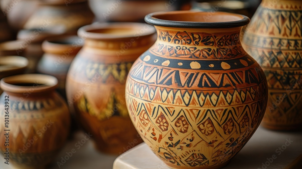 Indian pottery with intricate patterns, no people present, leaving ample room for text. Indian pottery with intricate patterns, no people present, leaving ample room for text.
