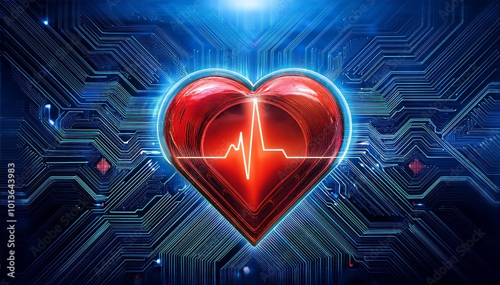 A glowing red heart disease icon on a high-tech background underscores the importance of digital healthcare and prevention.