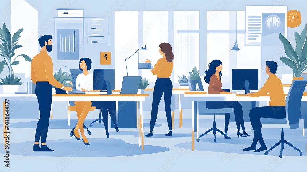 Cartoon figures of office people interacting at a workplace with a PC computer, highlighting a dynamic and engaging office setting Cartoon figures of office people interacting at a workplace with a PC computer, highlighting a dynamic and engaging office setting