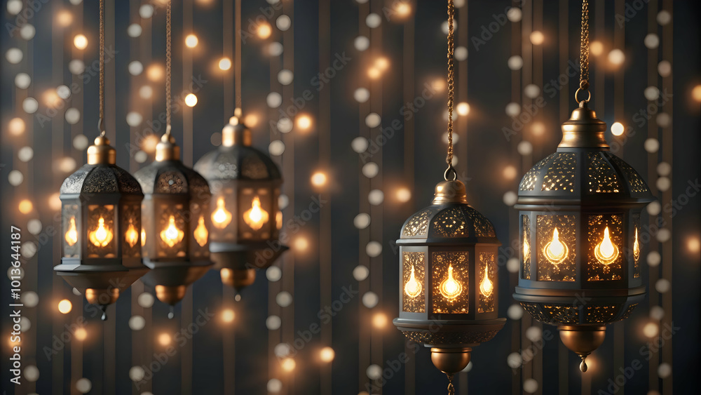 Fototapeta premium Sophisticated Flat Glossy Diwali Hanging Lamps with Glowing Light Patterns on Elegant Dark Background - Festive Vector Illustration for Business Use