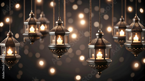 Flat Glossy Diwali hanging lamps with glowing light patterns set against a dark and elegant background concept as A sophisticated background image featuring glossy Diwali hanging lamps with glowing li