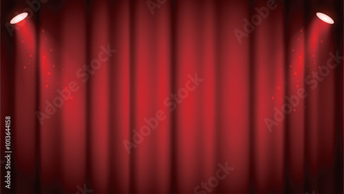 Red curtains realistic. Theater fabric silk decoration for movie cinema or opera hall. Curtains and draperies interior decoration object.