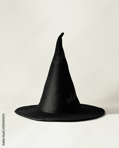 A lone, black witch hat with a subtle shine