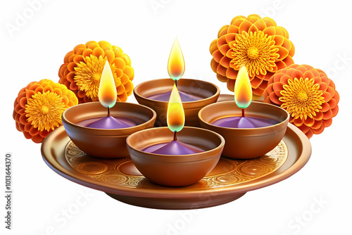 Glowing Diwali diyas with radiant halos and floating marigold flowers isolated on a white background concept as A vibrant abstract vector featuring glowing Diwali diyas with radiant halos and floating