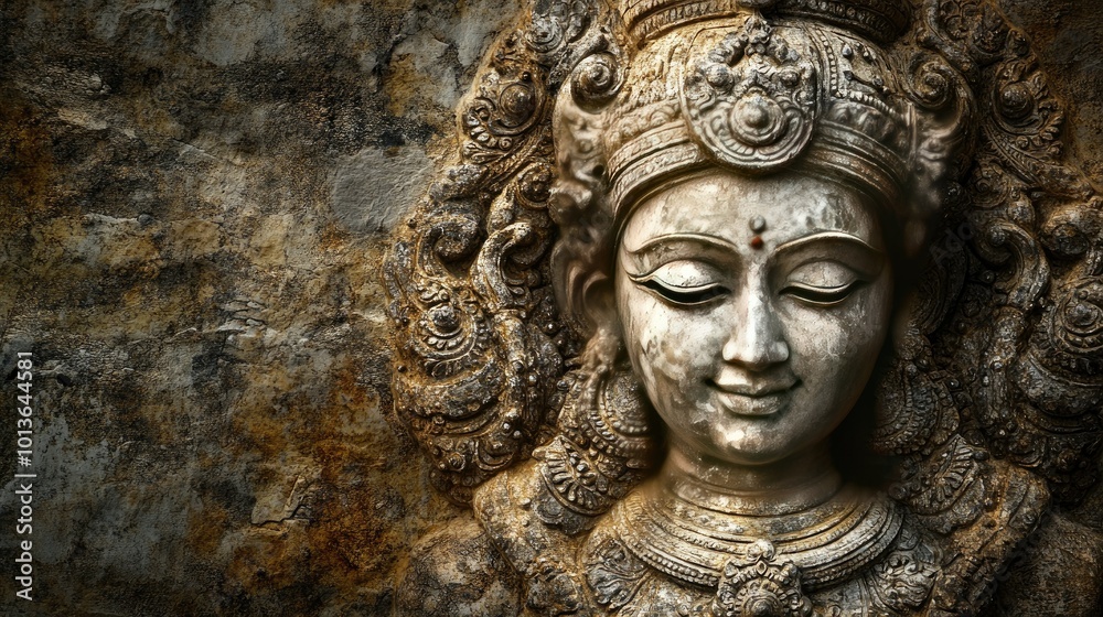 Intricate Indian sculpture against a textured background, no people, with copy space available. Intricate Indian sculpture against a textured background, no people, with copy space available.