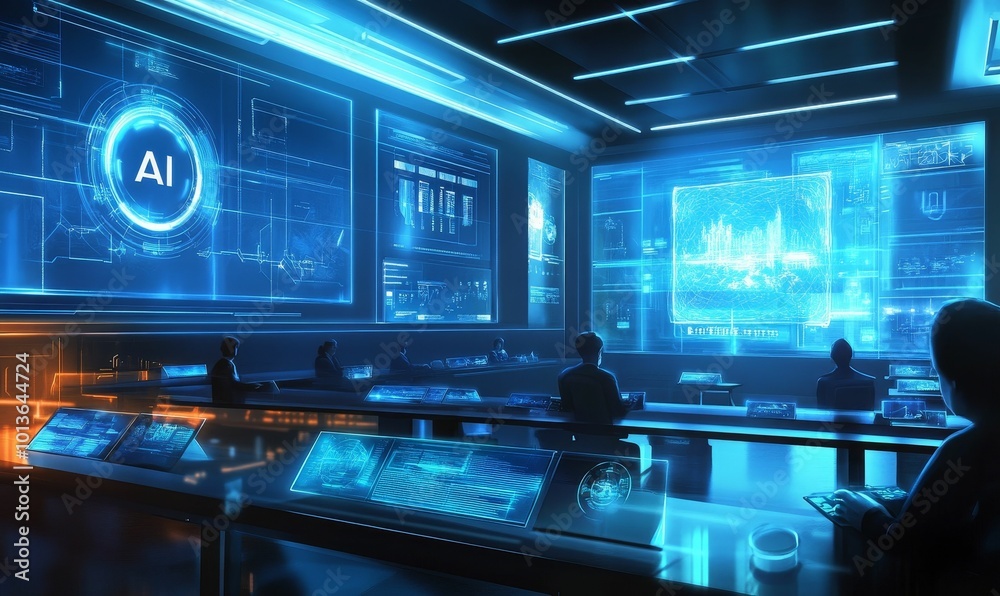AI control room with people monitoring screens. AI control room with people monitoring screens.