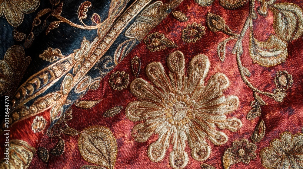 Intricate South Asian embroidery on fabric, no people, and ample room for text or design elements. Intricate South Asian embroidery on fabric, no people, and ample room for text or design elements.