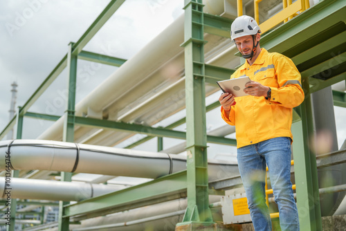 portrait oil refinery worker wears safety and harthat using tablet computer inspection at oil refinery photo